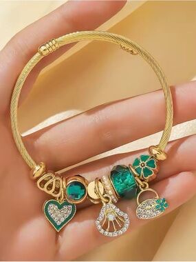 Gold-Tone Green Charm Bracelet with Crystal Accents